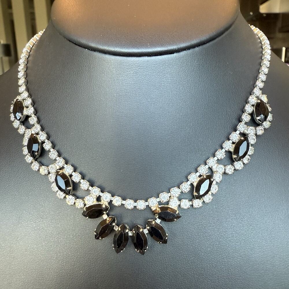 Vintage Tiara Style Black Marquise & Clear Round Rhinestones Choker Necklace 15”